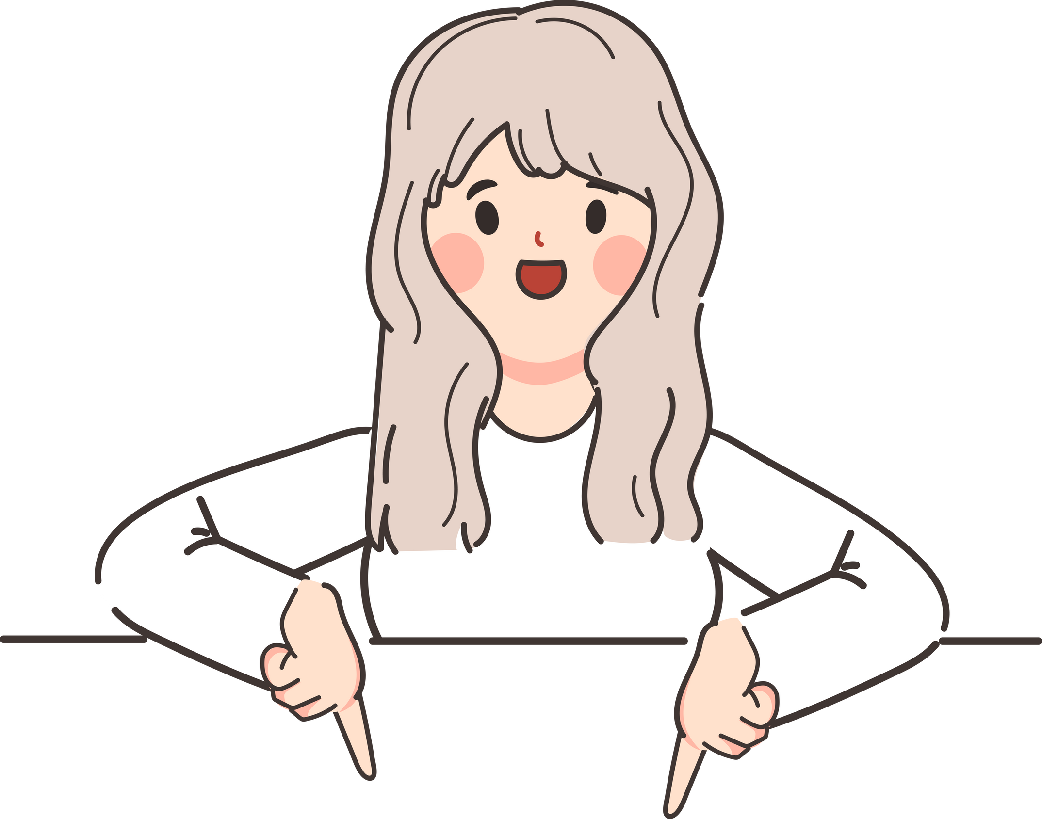 Cute young woman doodle drawing pointing to below character.
