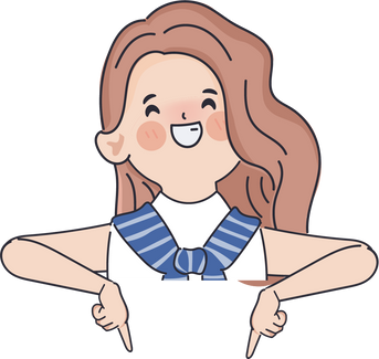 Doodle hand drawn cartoon woman pointing down gesture pose.